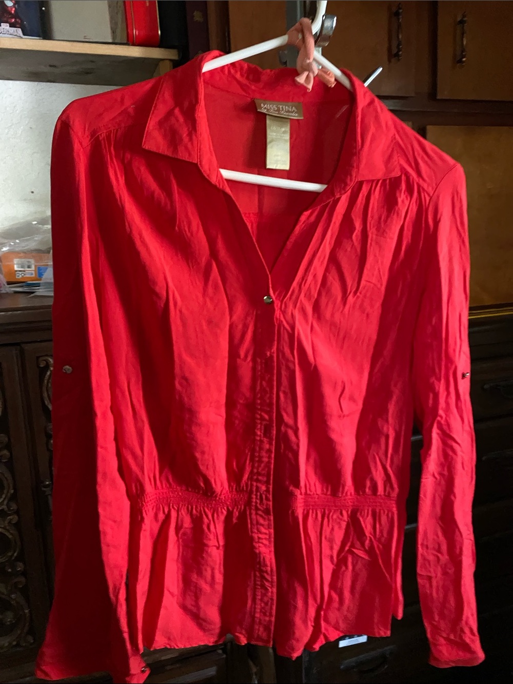 Miss Tina Red Button-Front Peplum Shirt